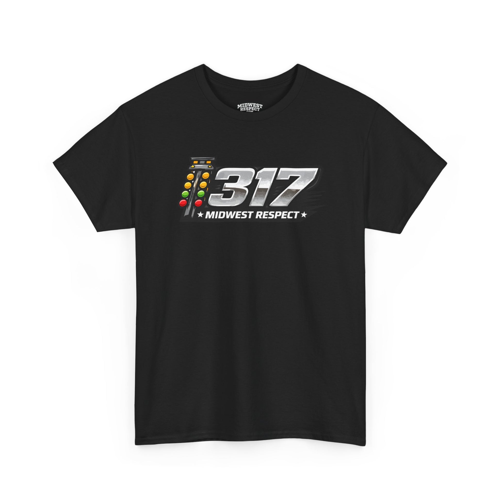 Black t-shirt with '317 Midwest Respect' design on a white background