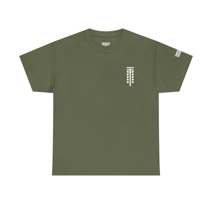 Military green t-shirt with racing tree design on a white background