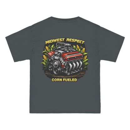 Gray t-shirt with a graphic of a corn-fed engine and text on a white background