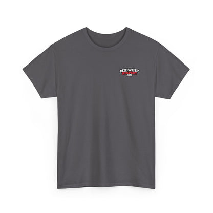 Gray t-shirt with a logo on the chest against a white background