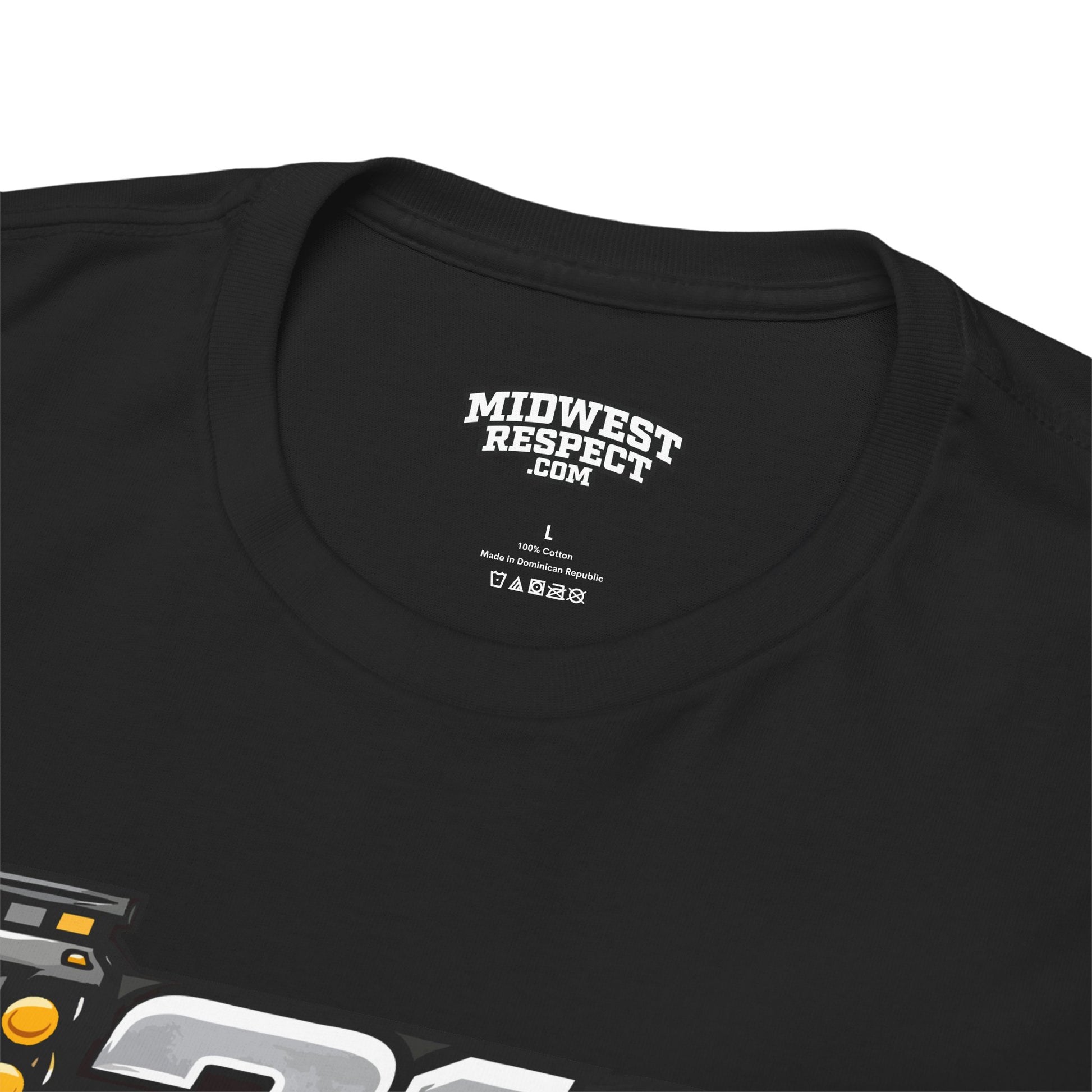 Black t-shirt with 'Midwest Respect' logo on a white background