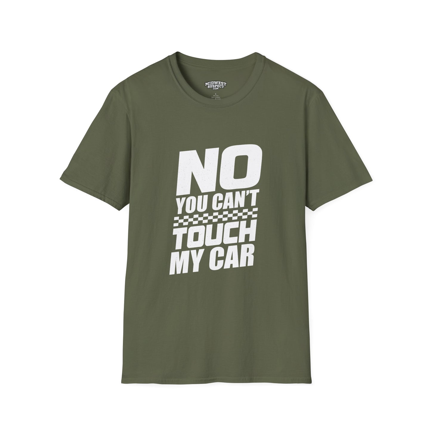 Green t-shirt with 'No You Can't Touch My Car' text on a white background