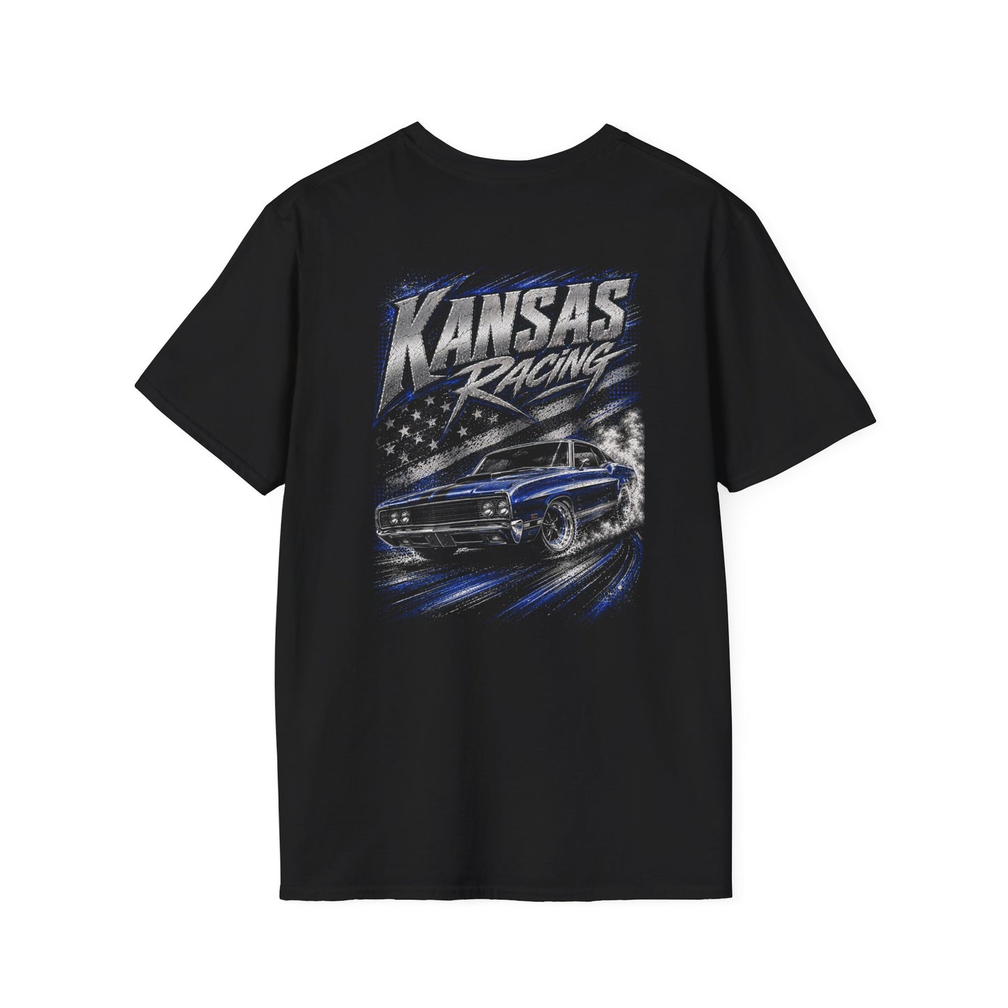 A black short-sleeve t-shirt with a large graphic print on the back featuring a blue muscle car, a stylized American flag, and the text 'KANSAS RACING' in silver and white.