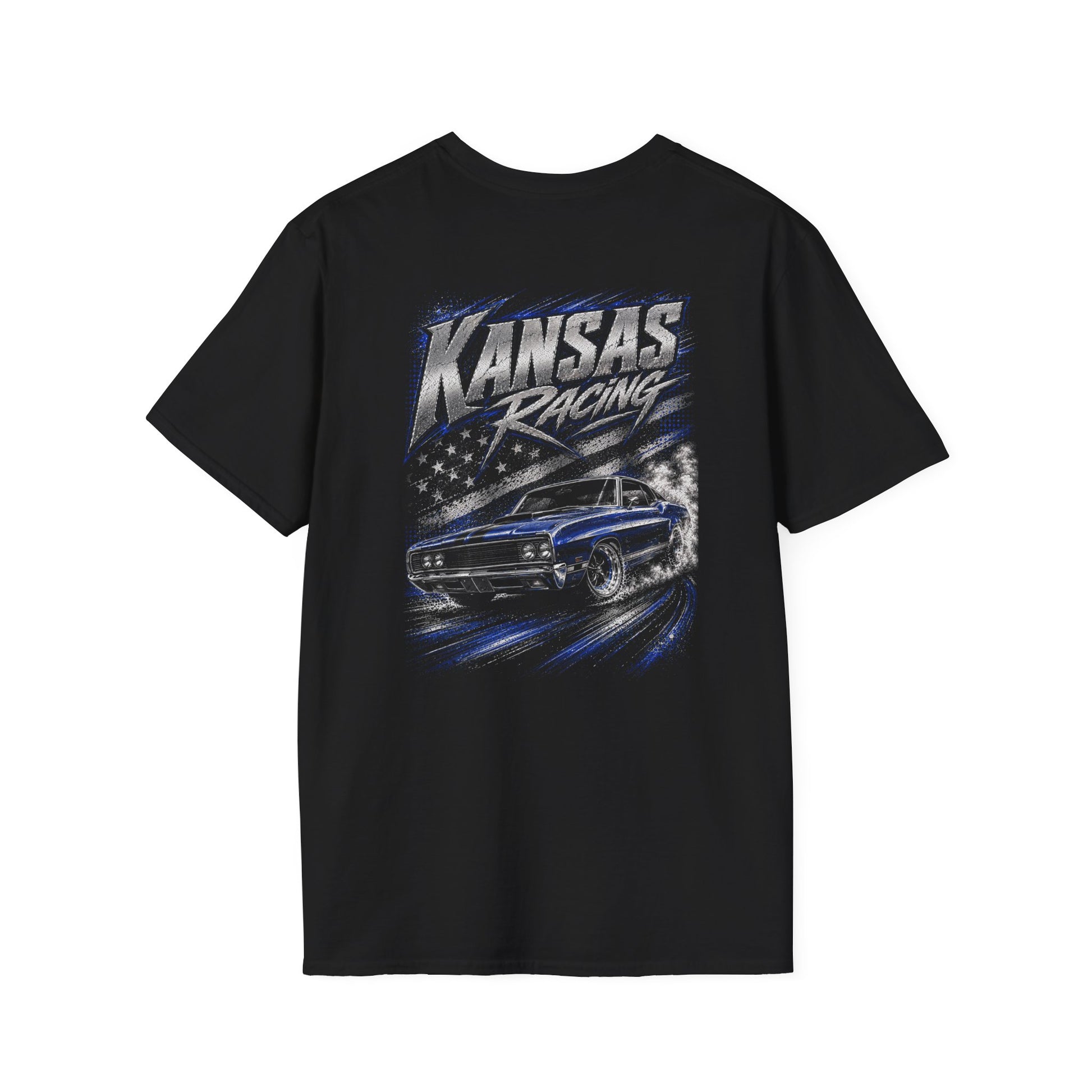 A black short-sleeve t-shirt with a large graphic print on the back featuring a blue muscle car, a stylized American flag, and the text 'KANSAS RACING' in silver and white.