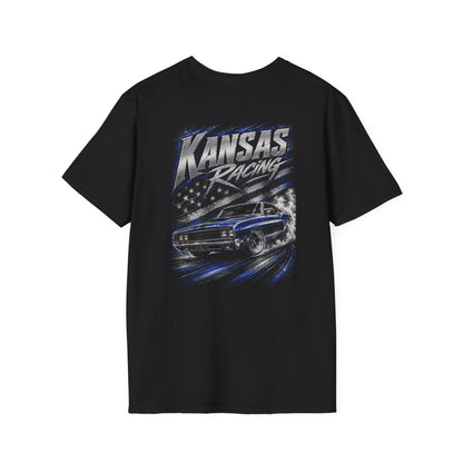 A black short-sleeve t-shirt with a large graphic print on the back featuring a blue muscle car, a stylized American flag, and the text 'KANSAS RACING' in silver and white.