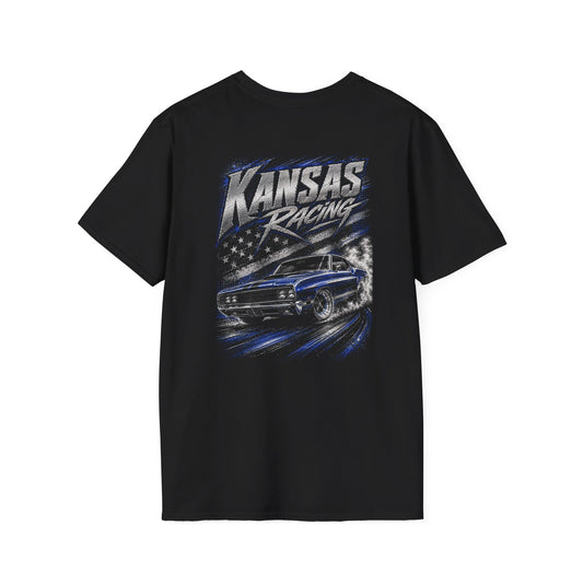 A black short-sleeve t-shirt with a large graphic print on the back featuring a blue muscle car, a stylized American flag, and the text 'KANSAS RACING' in silver and white.
