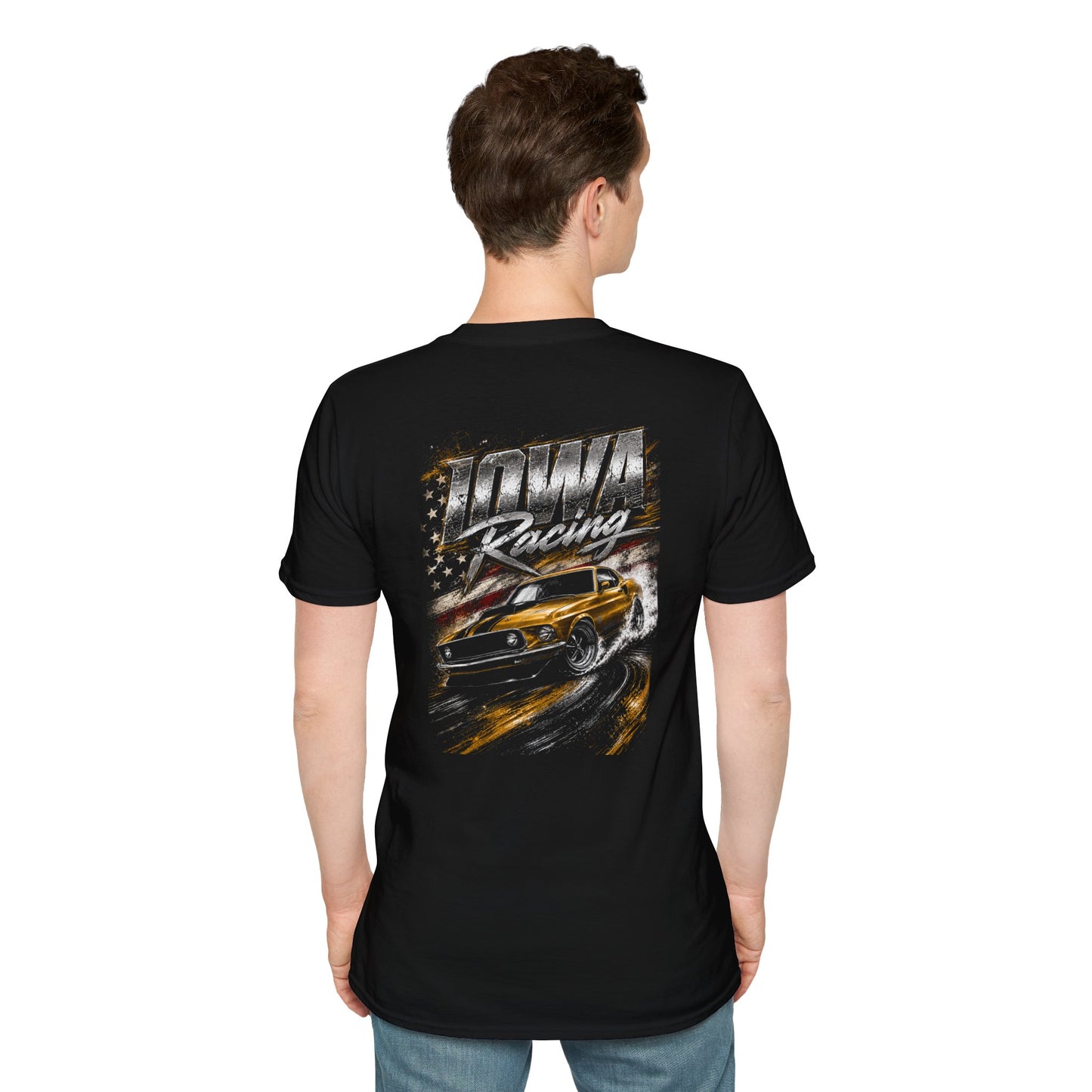 A man viewed from the back wearing a black short-sleeve t-shirt with a large graphic print on the back featuring the words 'Iowa Racing' and a yellow race car.