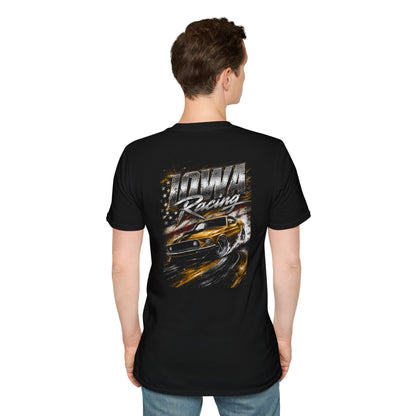 A man viewed from the back wearing a black short-sleeve t-shirt with a large graphic print on the back featuring the words 'Iowa Racing' and a yellow race car.