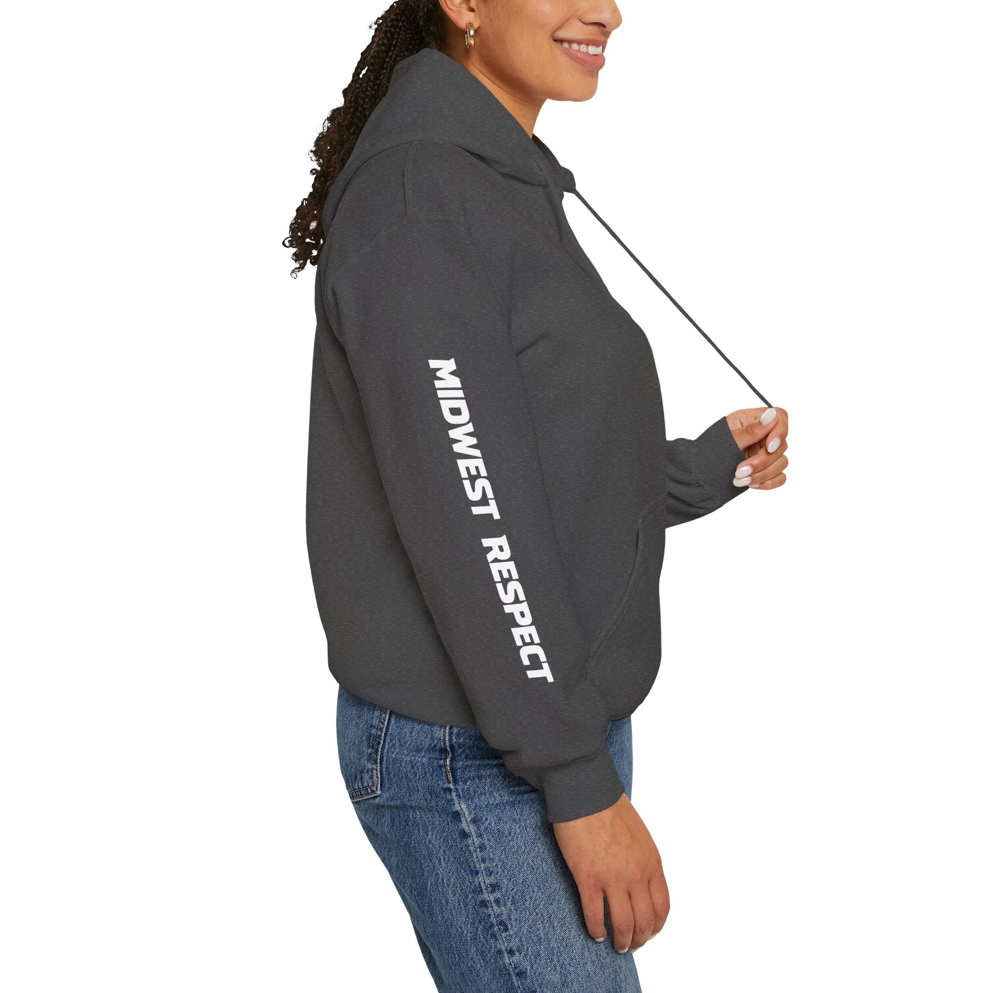 Person wearing a gray hoodie with 'Midwest Respect' text on a white background