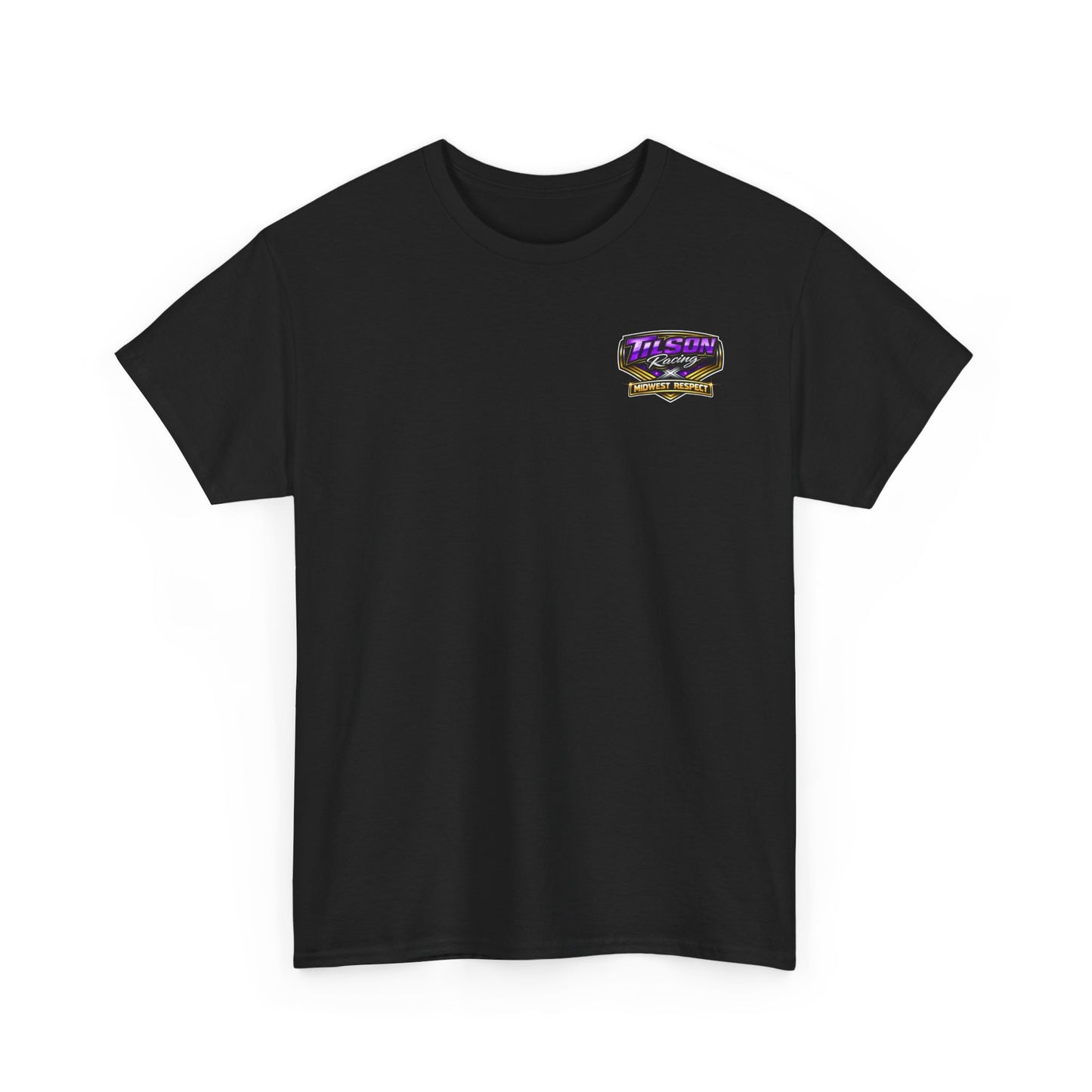 Black t-shirt with logo on a white background