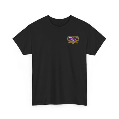 Black t-shirt with logo on a white background