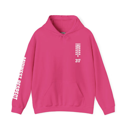 Dark pink hoodie with white text and graphics on a white background