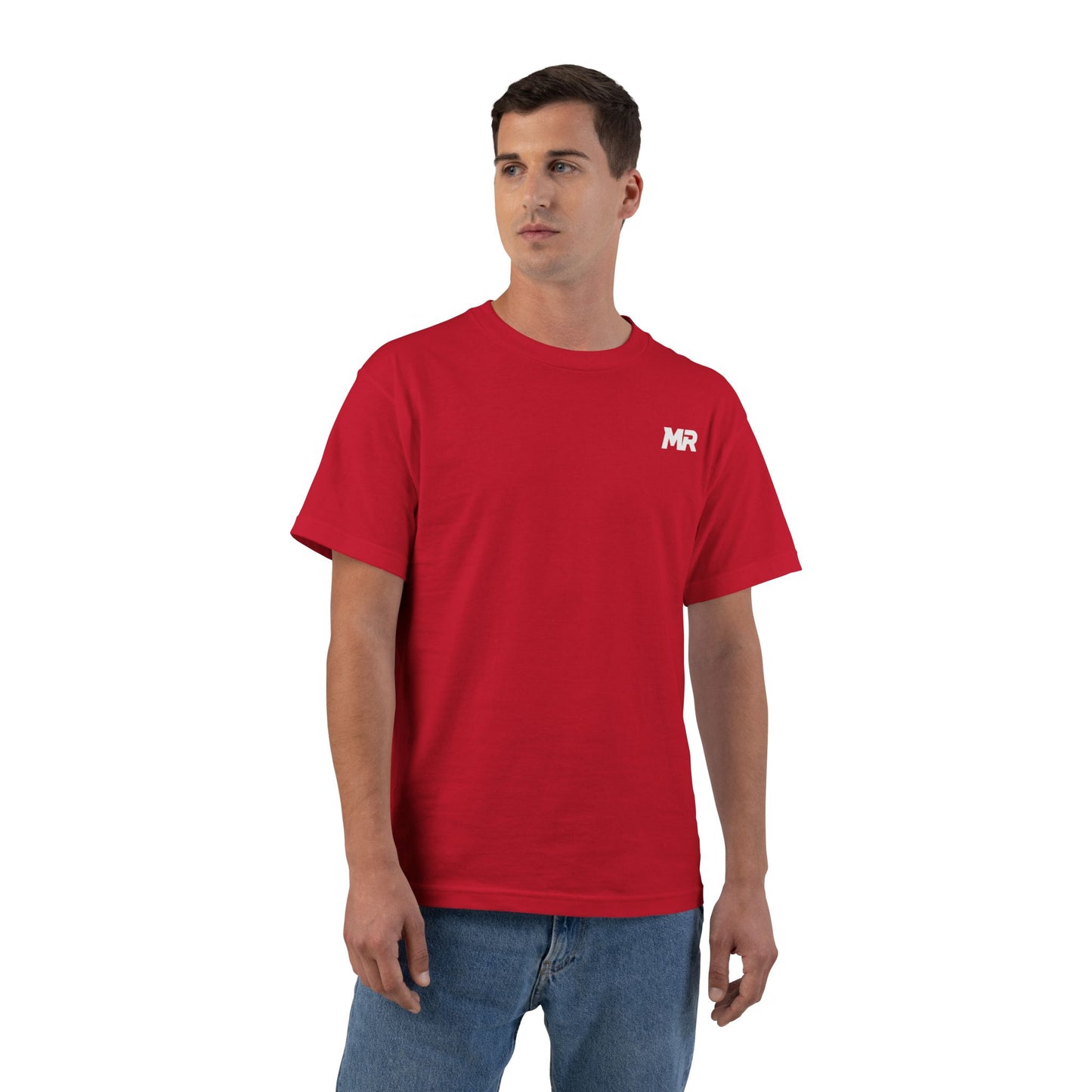 Man wearing a red t-shirt with a logo on a white background
