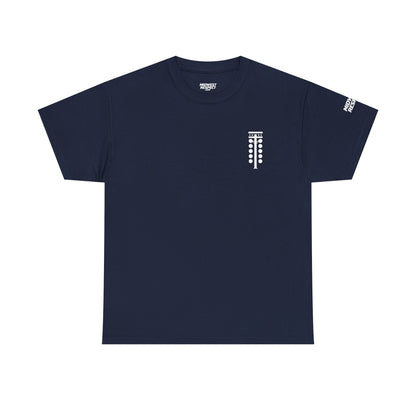 Navy blue t-shirt with racing tree design on a white background
