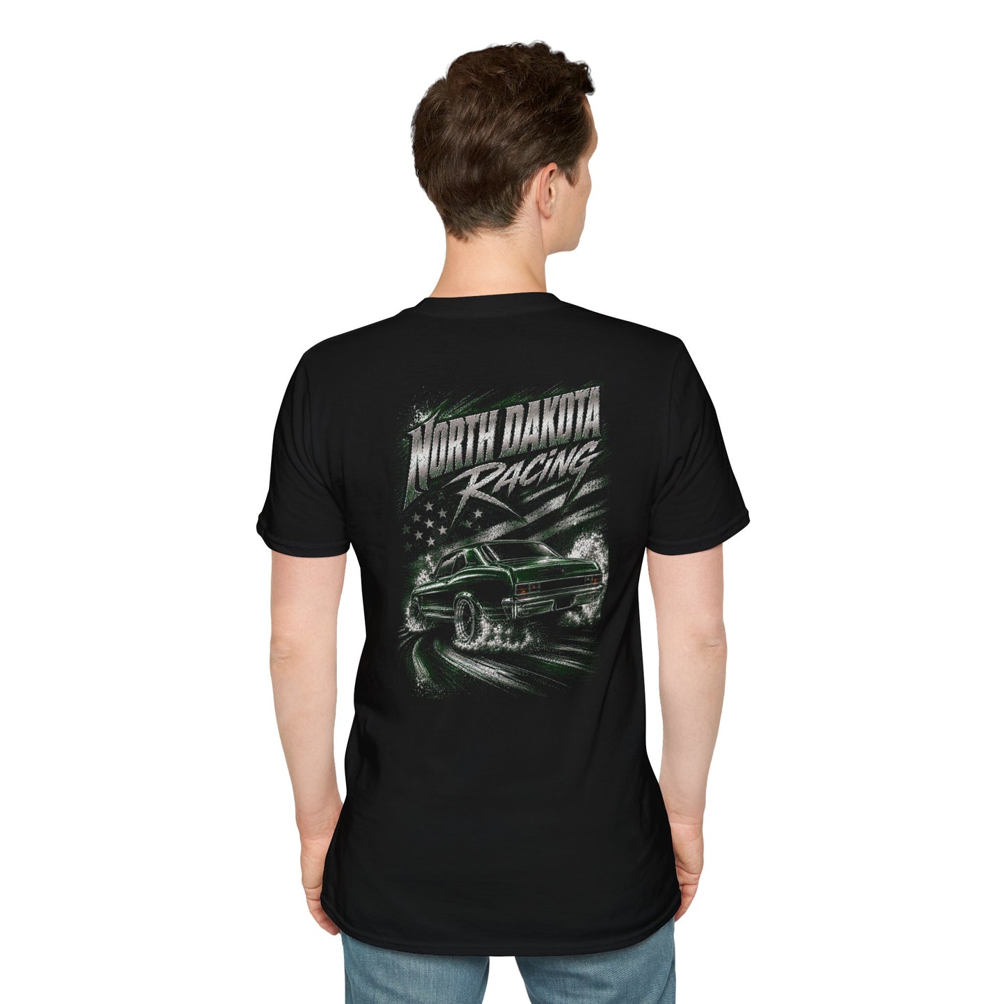 A man viewed from the back wearing a black short-sleeve t-shirt with a large 'North Dakota Racing' graphic on the back, paired with blue jeans, against a plain white background.