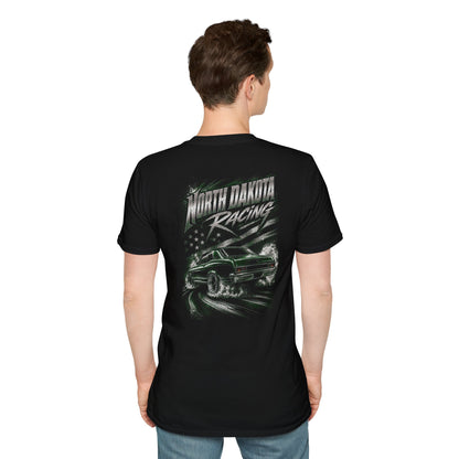 A man viewed from the back wearing a black short-sleeve t-shirt with a large 'North Dakota Racing' graphic on the back, paired with blue jeans, against a plain white background.