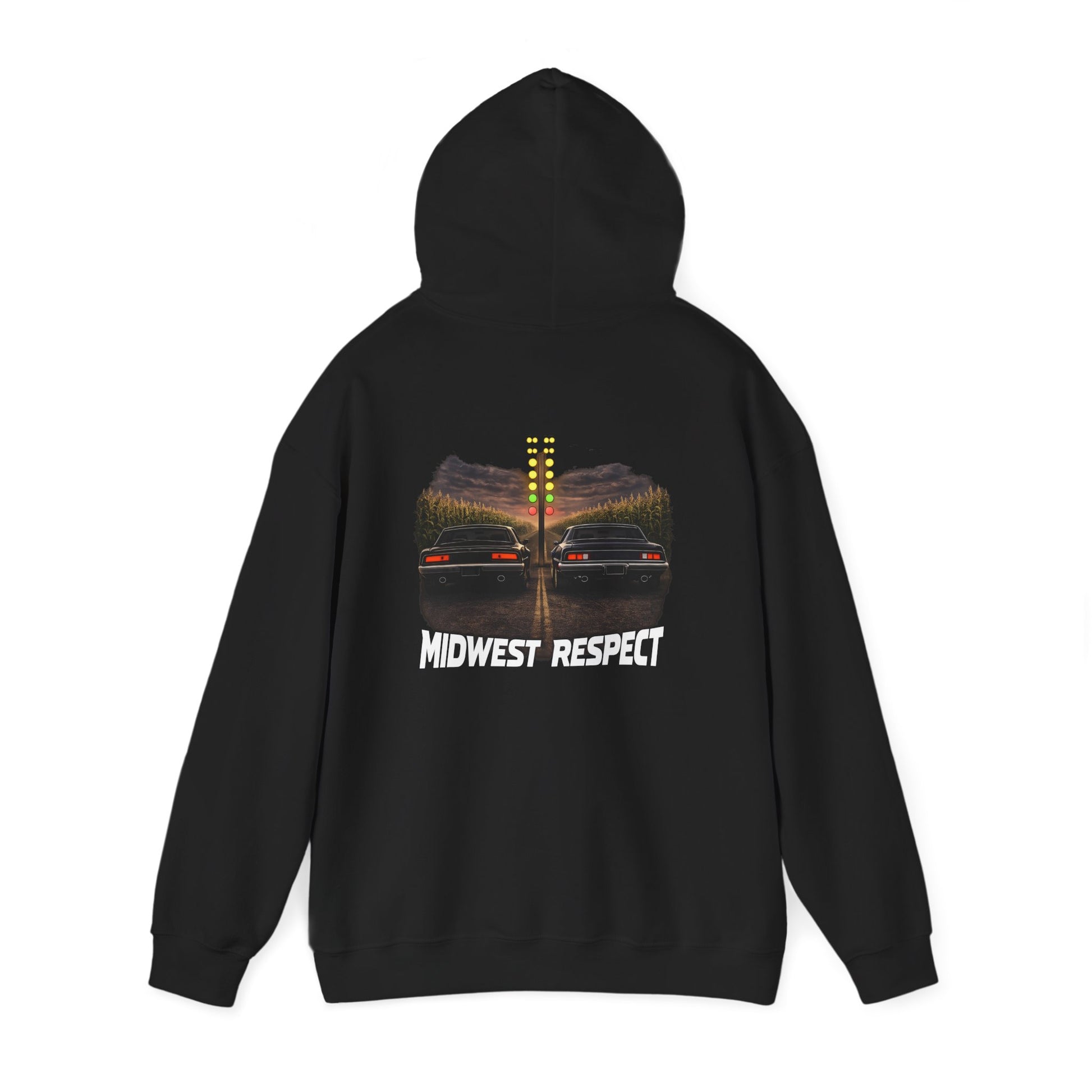 Black hoodie with a graphic and text on the back against a white background