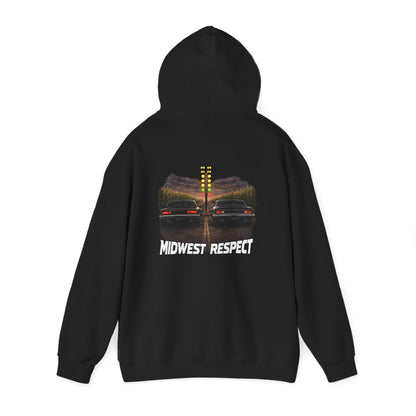 Black hoodie with a graphic and text on the back against a white background