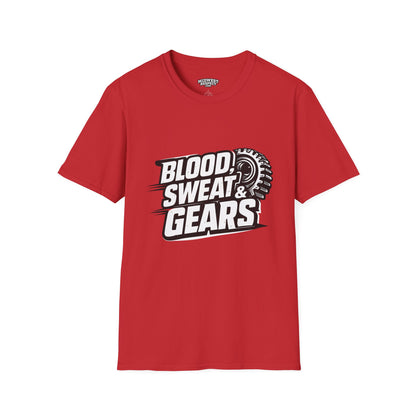 Red t-shirt with 'Blood, Sweat & Gears' graphic on a white background