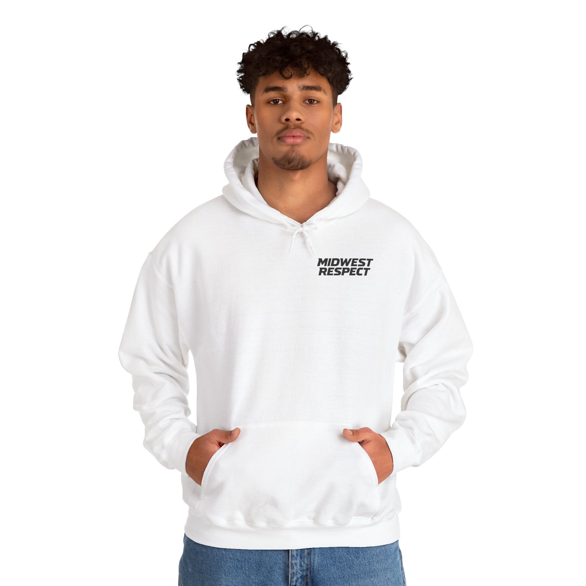 Person wearing a white hoodie with 'Midwest Respect' text on a white background