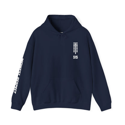 Navy blue hoodie with white text and logo on a white background