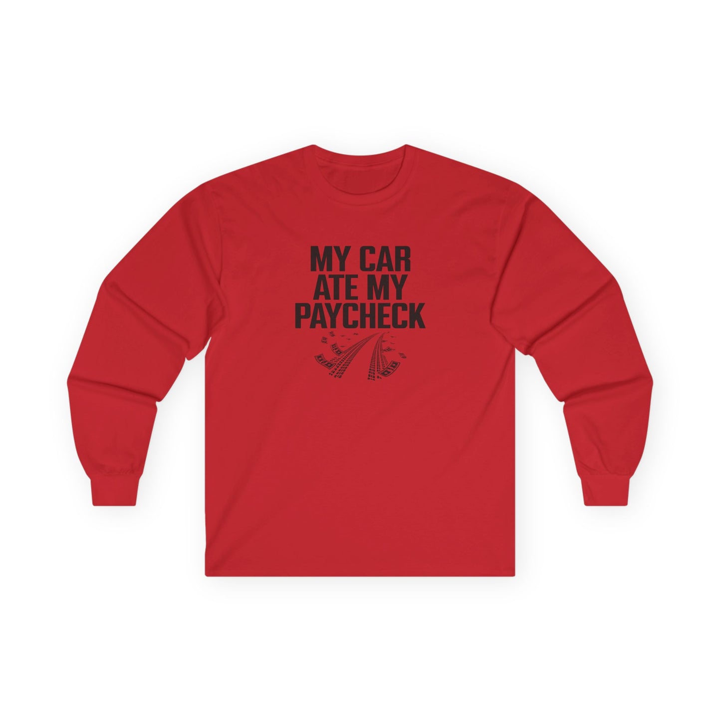 Red long-sleeve shirt with black text on a white background