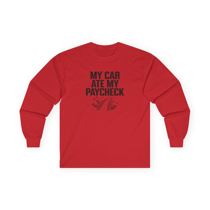 Red long-sleeve shirt with black text on a white background