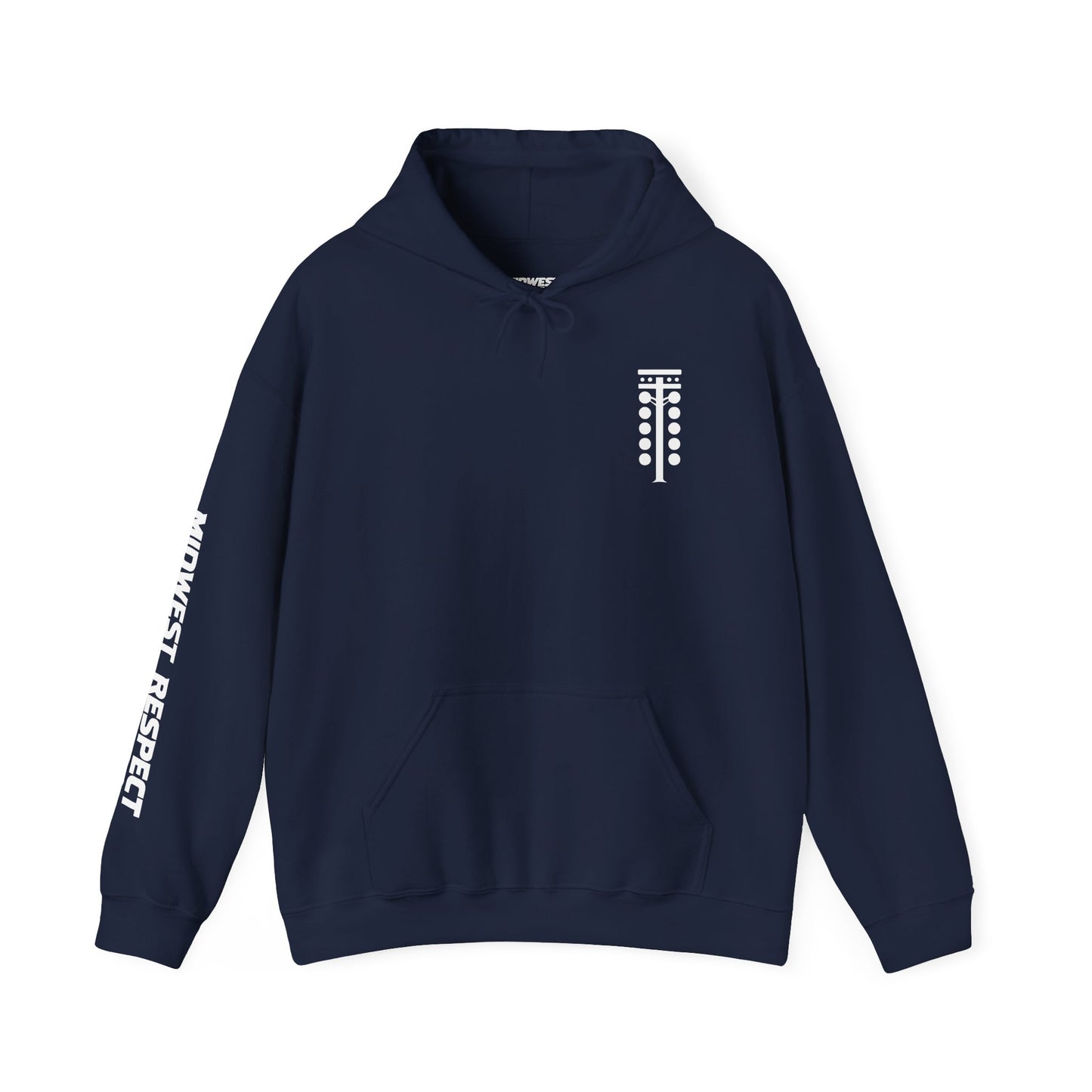 Navy blue hoodie with white logo and text on a white background