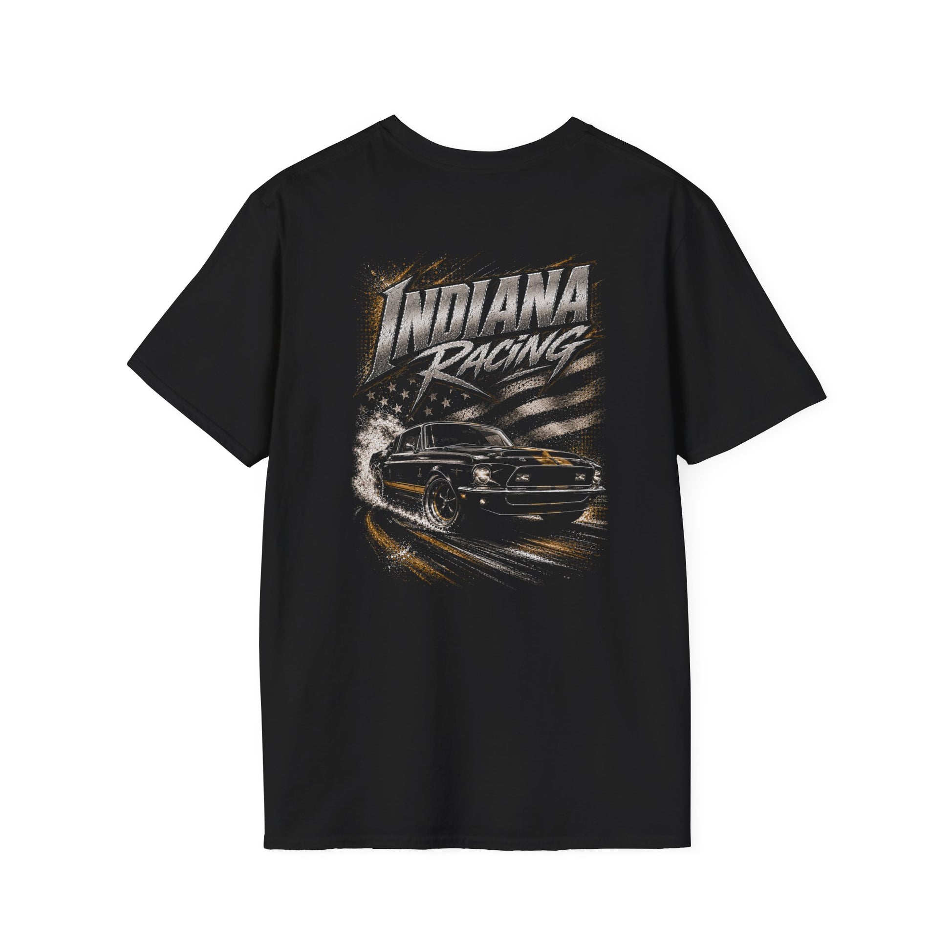 A black short-sleeve t-shirt with a large graphic print on the back featuring the text 'INDIANA RACING' and a classic race car in motion, displayed against a flag background.