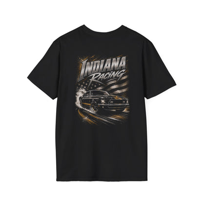 A black short-sleeve t-shirt with a large graphic print on the back featuring the text 'INDIANA RACING' and a classic race car in motion, displayed against a flag background.