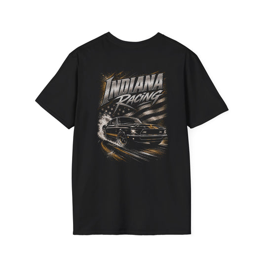 A black short-sleeve t-shirt with a large graphic print on the back featuring the text 'INDIANA RACING' and a classic race car in motion, displayed against a flag background.