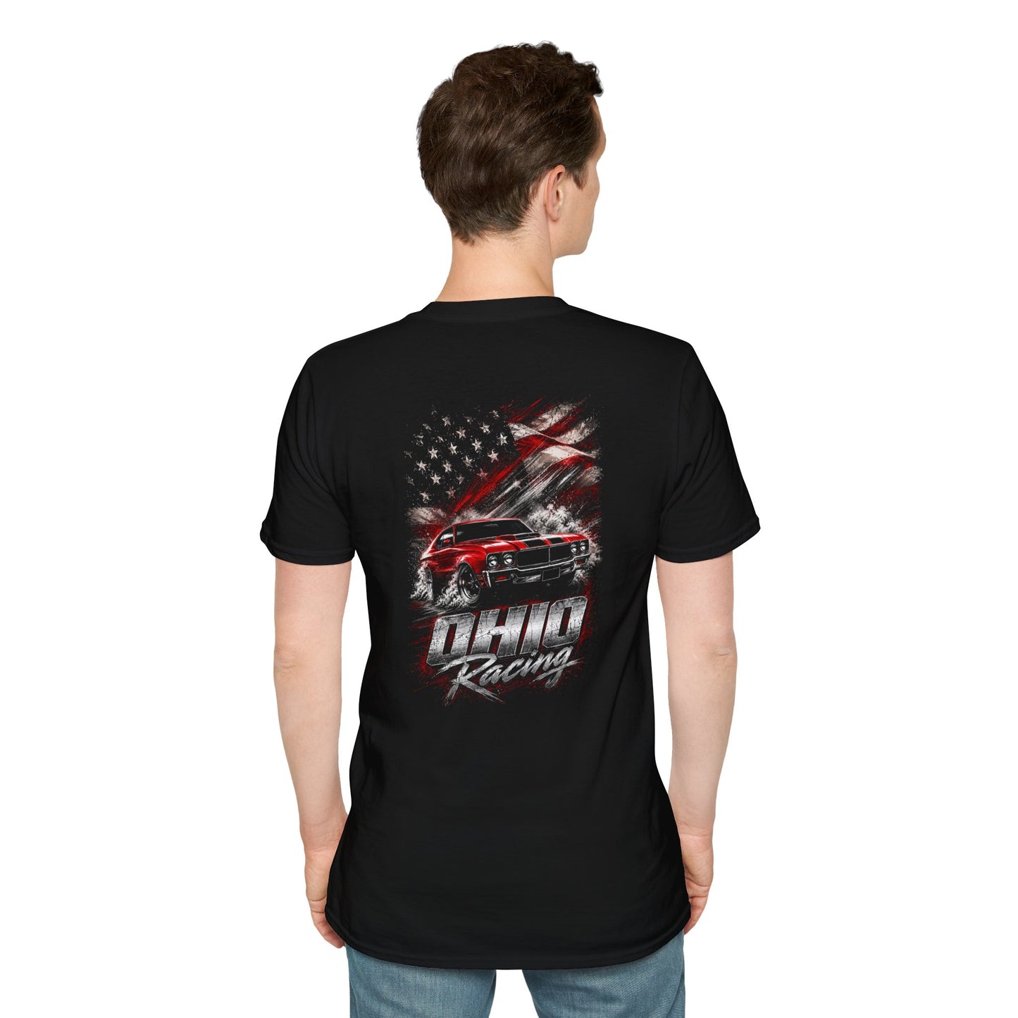 A man viewed from the back wearing a black short-sleeve t-shirt with a large red, white, and gray graphic on the back featuring a car and the text 'OHIO Racing'.