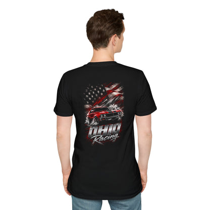A man viewed from the back wearing a black short-sleeve t-shirt with a large red, white, and gray graphic on the back featuring a car and the text 'OHIO Racing'.