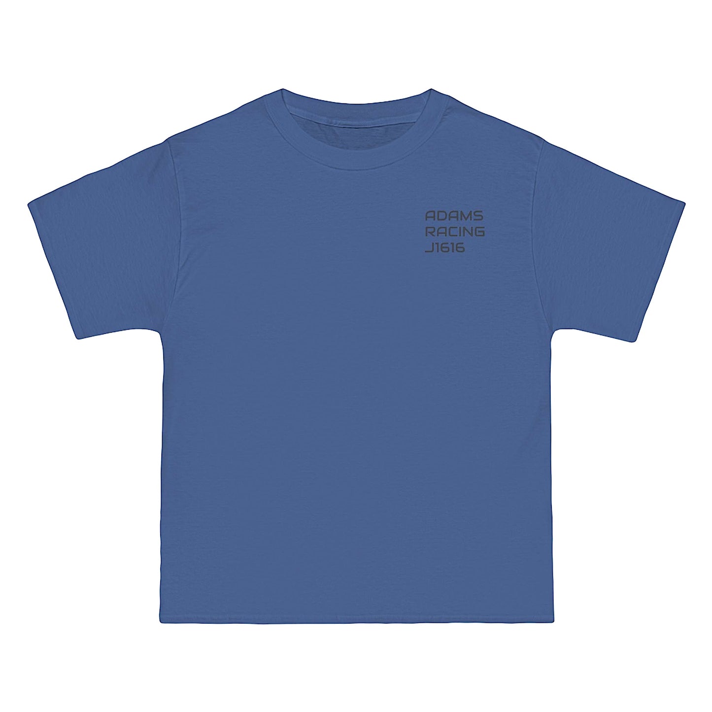 Blue t-shirt with text on a white background