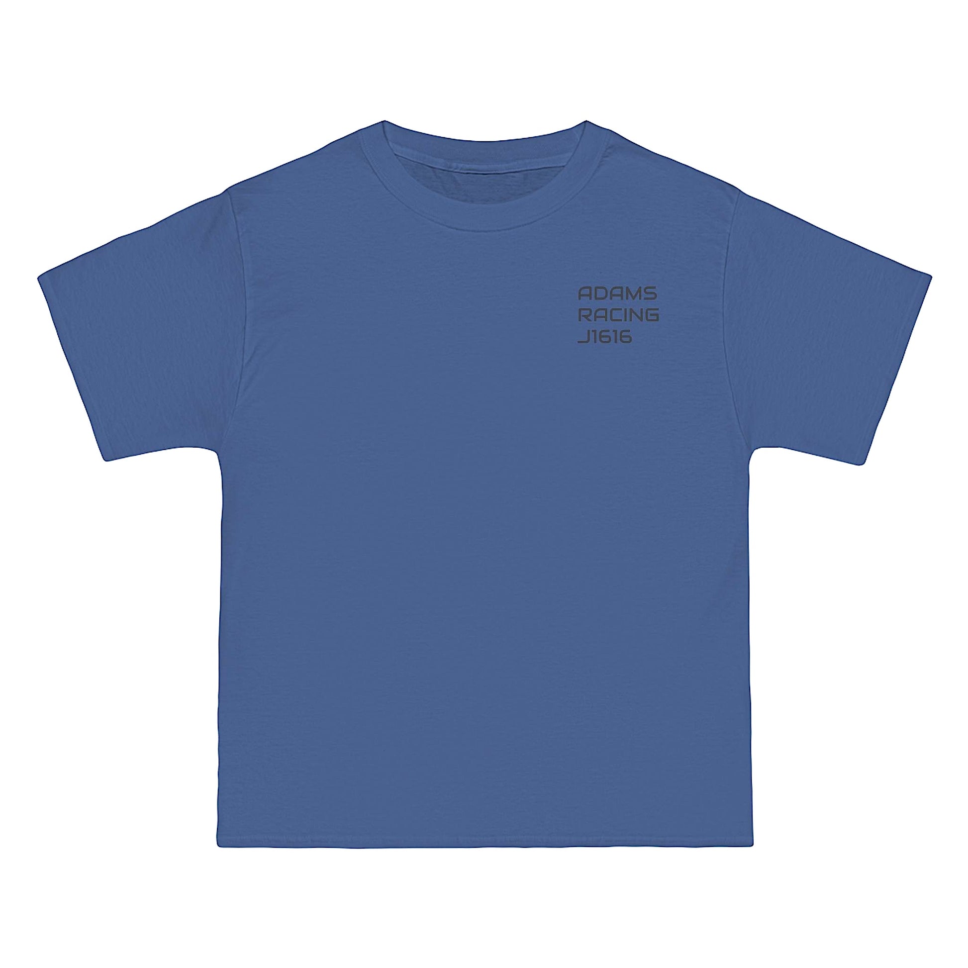Blue t-shirt with text on a white background