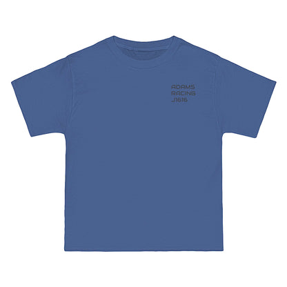 Blue t-shirt with text on a white background