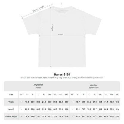 White t-shirt with measurement chart on a white background