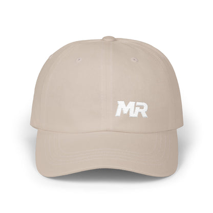 Beige cap with 'MR' logo on a white background
