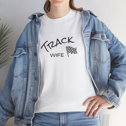 Person wearing a white t-shirt with 'TRACK WIFE' text and a denim jacket.