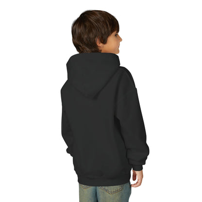 Child wearing a black hoodie on a white background