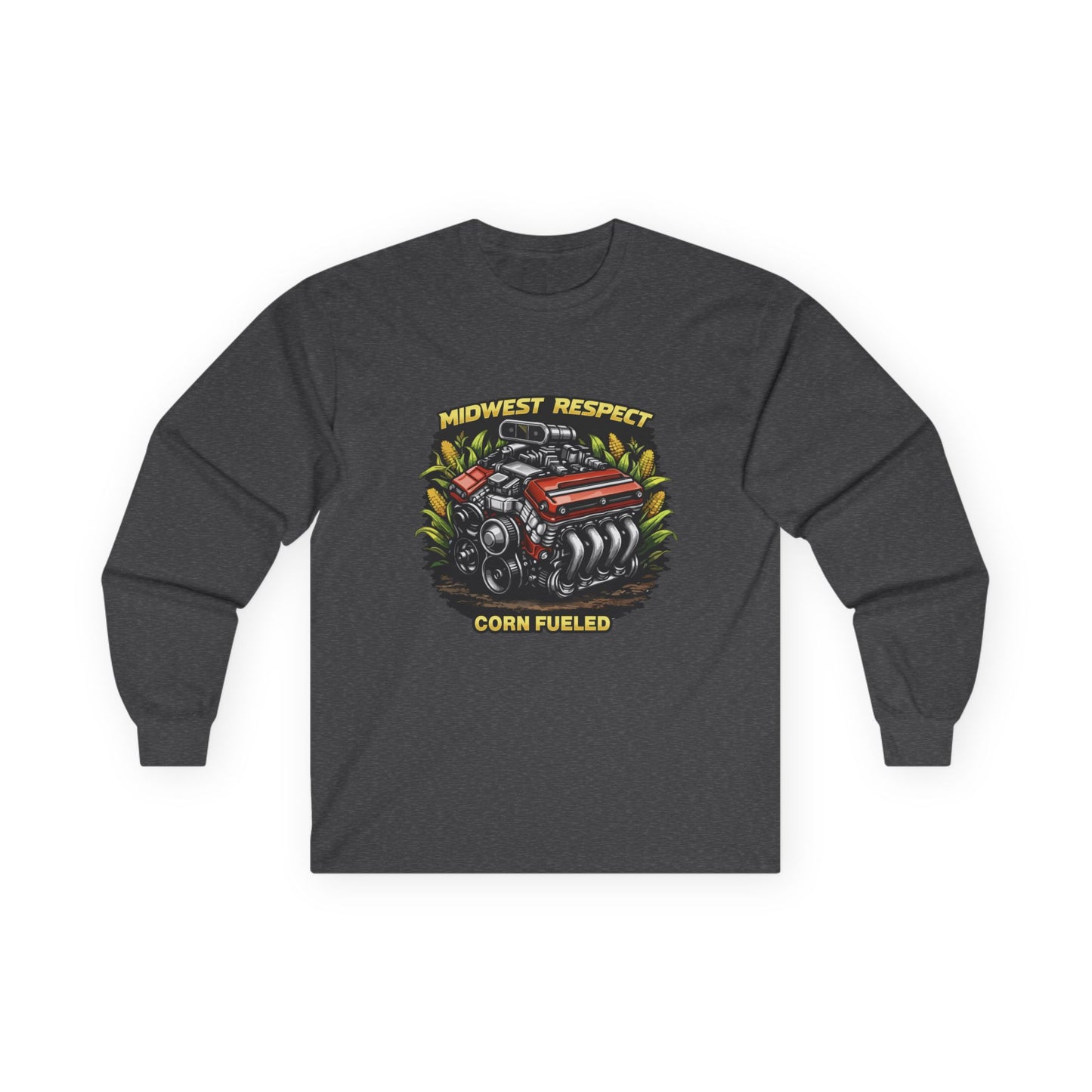 Dark gray long-sleeve shirt with a graphic of a corn-fed engine and text on a white background