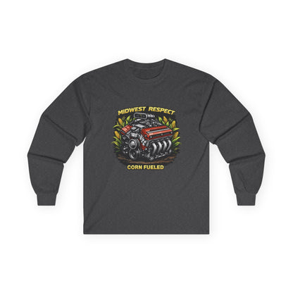 Dark gray long-sleeve shirt with a graphic of a corn-fed engine and text on a white background