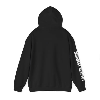 Black hoodie with a Midwest Respect design in white on a white background