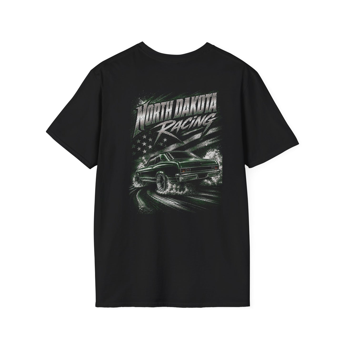 A black short-sleeve t-shirt with a 'North Dakota Racing' graphic on the back, featuring a green muscle car and a stylized American flag design, shown against a plain white background.