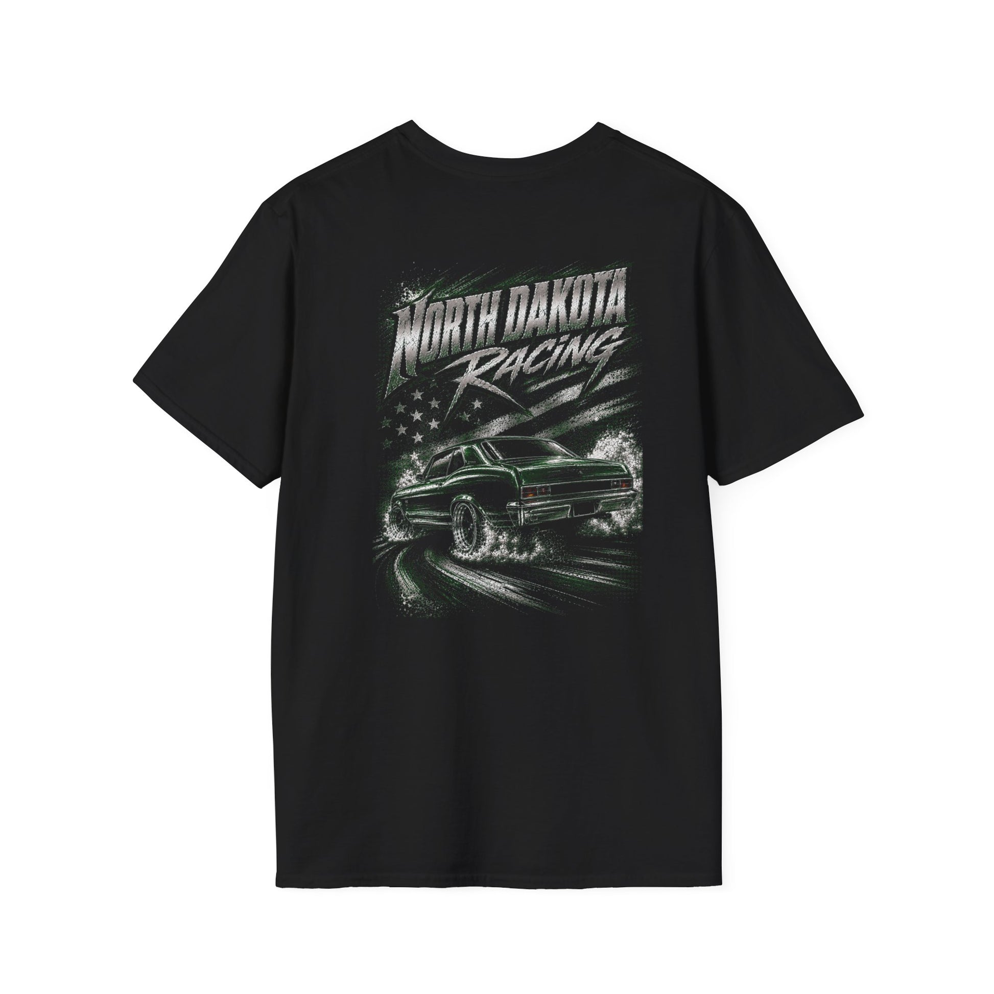 A black short-sleeve t-shirt with a 'North Dakota Racing' graphic on the back, featuring a green muscle car and a stylized American flag design, shown against a plain white background.