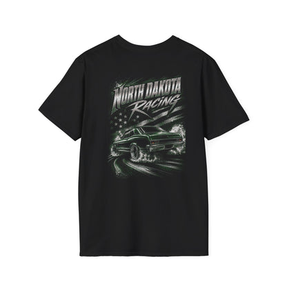 A black short-sleeve t-shirt with a 'North Dakota Racing' graphic on the back, featuring a green muscle car and a stylized American flag design, shown against a plain white background.