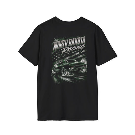 A black short-sleeve t-shirt with a 'North Dakota Racing' graphic on the back, featuring a green muscle car and a stylized American flag design, shown against a plain white background.