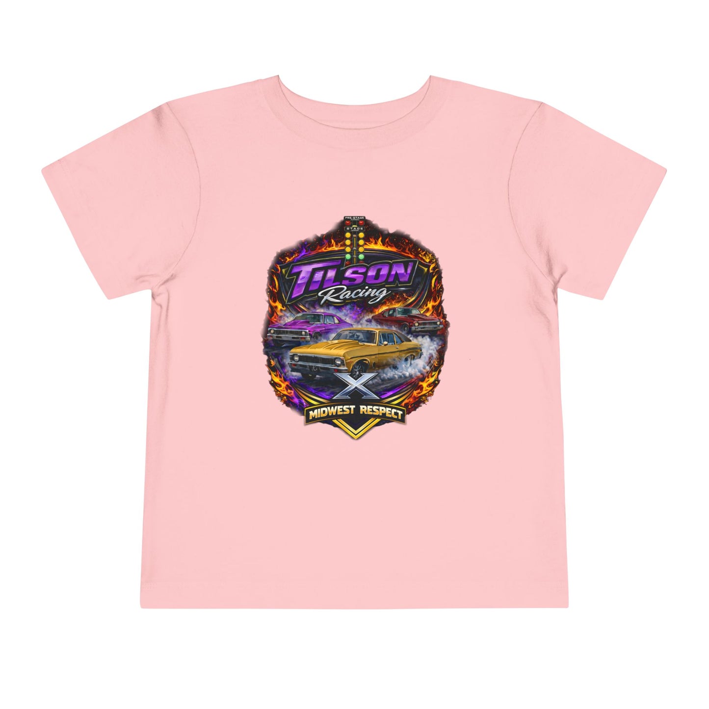 Pink t-shirt with a colorful graphic design featuring a car and text on a white background