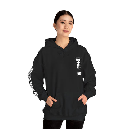 Person wearing a black hoodie with white text on a white background