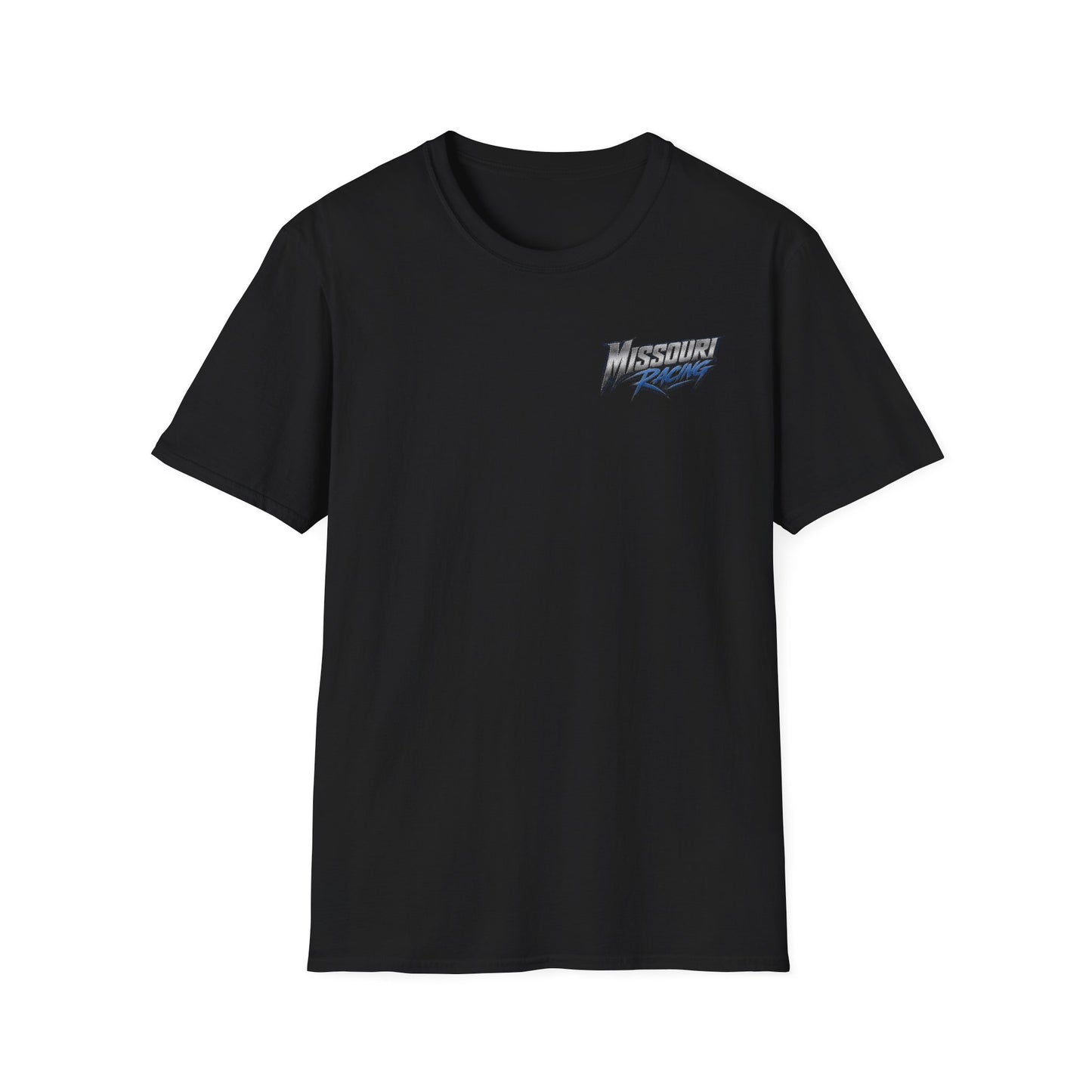 Black t-shirt with a white logo on a white background